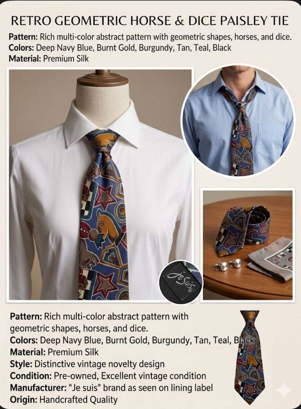 Je suis Vintage Retro Geometric Horse & Dice Silk Tie